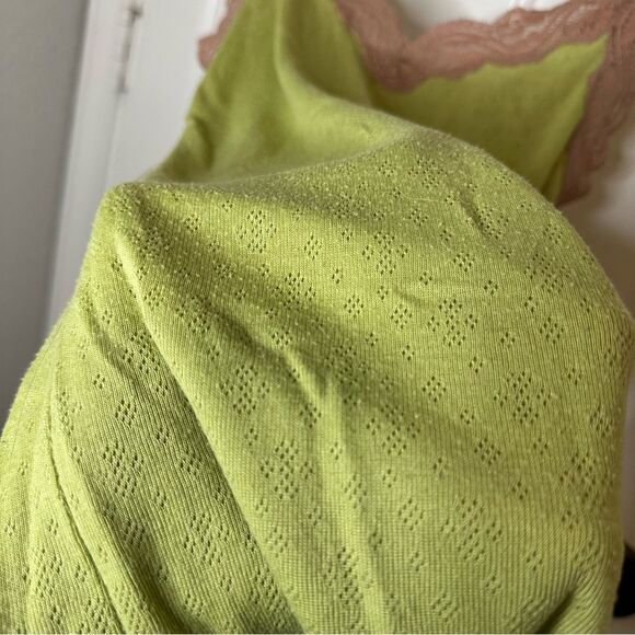 Y2K VTG Abercrombie & Fitch Lime Green Rose Pink Lace Ribbed Cami Top Sz L Fairy - Picture 7 of 10